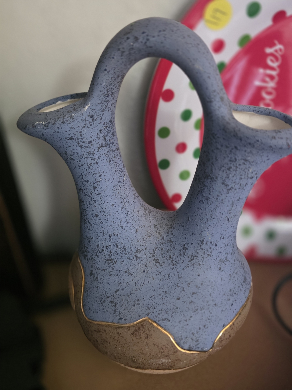 Speckled Double-Handled Ceramic Vase in Blue with Gold Trim